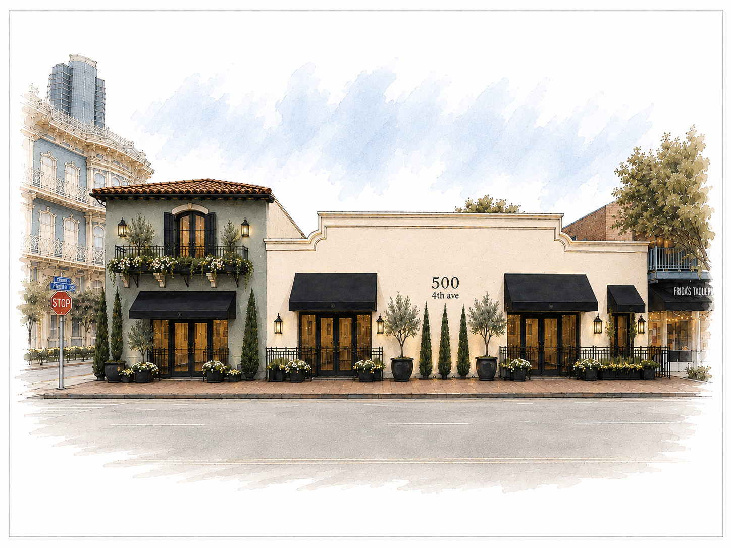 Illustrated exterior of Gaslamp Space at 500 4th Avenue, San Diego